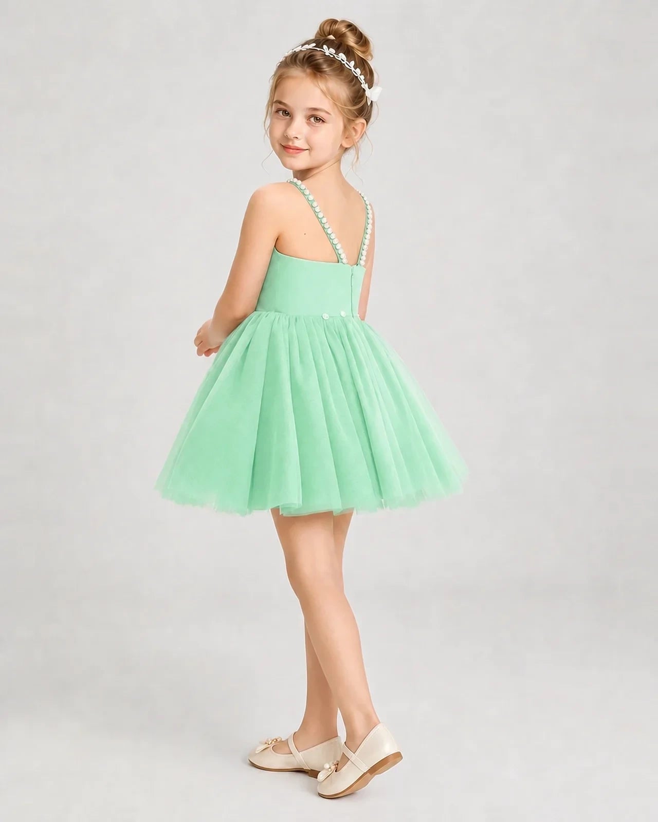 Dideyttawl Pearl Strap High-Low Tulle Girl Pageant Dress