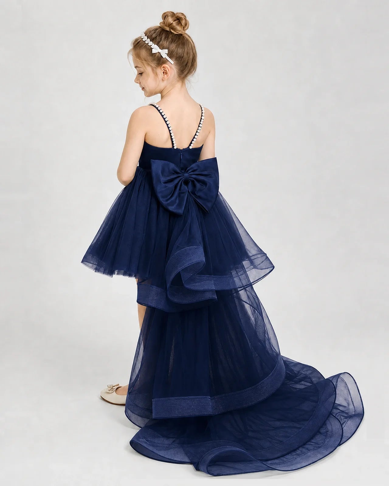 Dideyttawl Pearl Strap High-Low Tulle Girl Pageant Dress