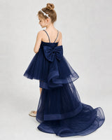 Navy Blue Satin Tulle High Low Girls Pageant Dresses Back View