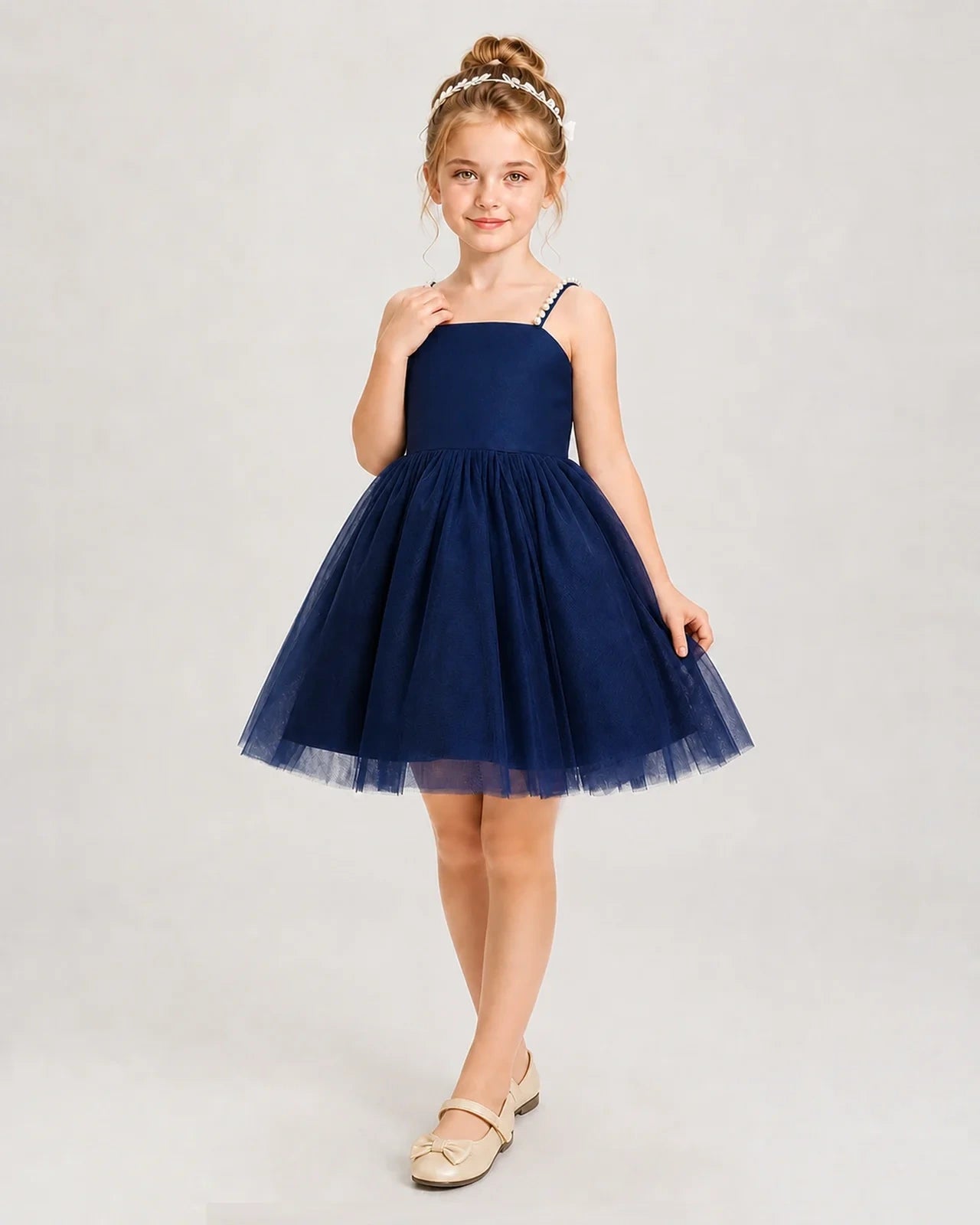 Dideyttawl Pearl Strap High-Low Tulle Girl Pageant Dress