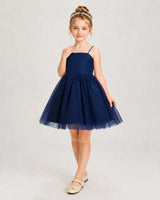 Navy Blue Satin Tulle A-line Girls Pageant Dresses Front View