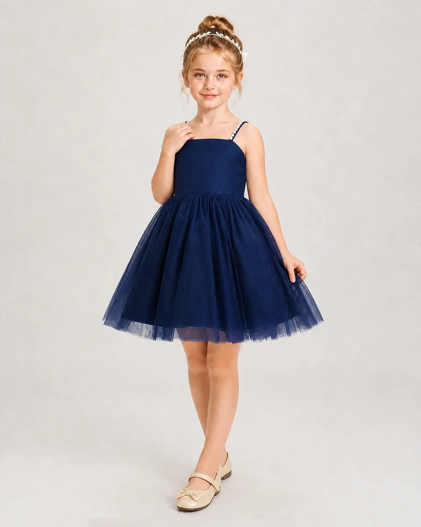 Navy Blue Satin Tulle A-line Girls Pageant Dresses Front View
