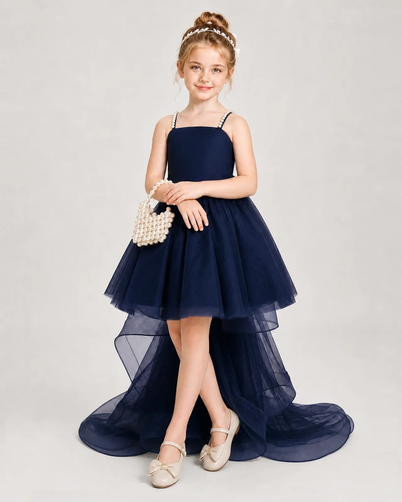 Dideyttawl Pearl Strap High-Low Tulle Girl Pageant Dress