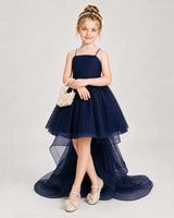 Navy Blue satin and tulle high low girls pageant dress