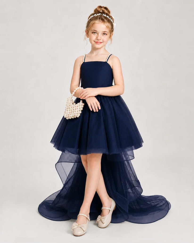 Navy Blue satin and tulle high low girls pageant dress