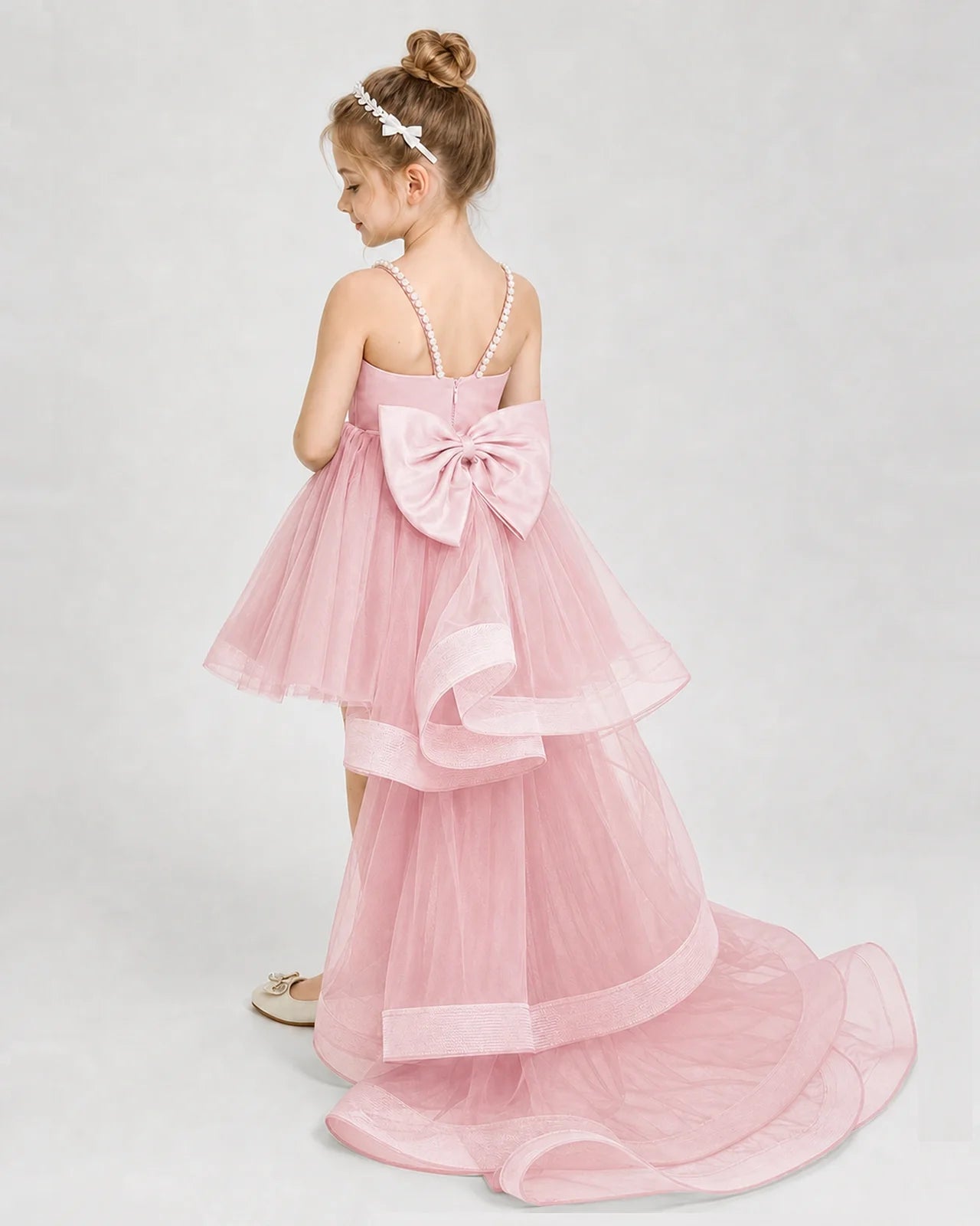 Dideyttawl Pearl Strap High-Low Tulle Girl Pageant Dress