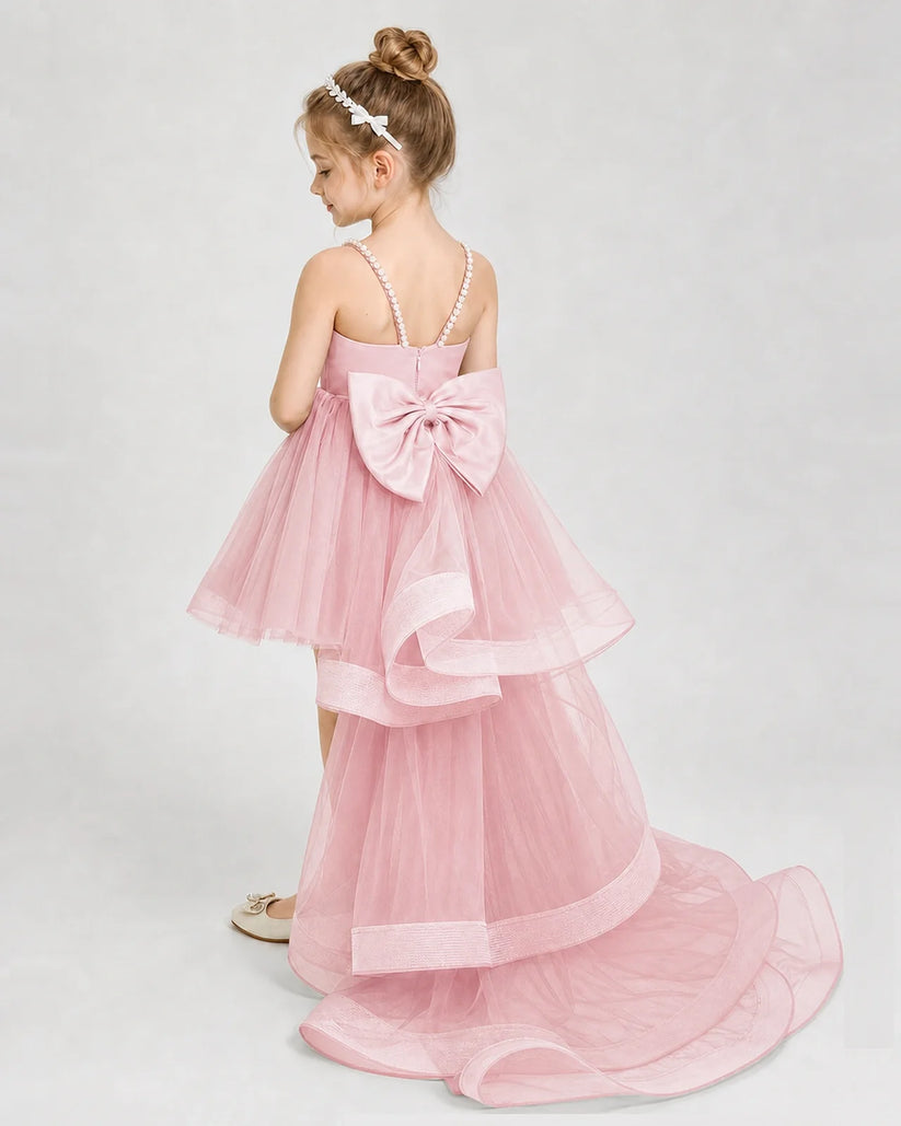 Pink Satin and Tulle High-Low Girls Pageant Dresses Back View