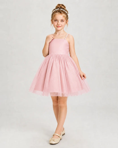 Dideyttawl Pearl Strap High-Low Tulle Girl Pageant Dress
