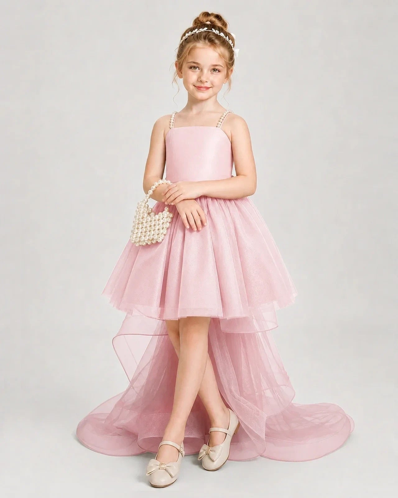 Dideyttawl Pearl Strap High-Low Tulle Girl Pageant Dress