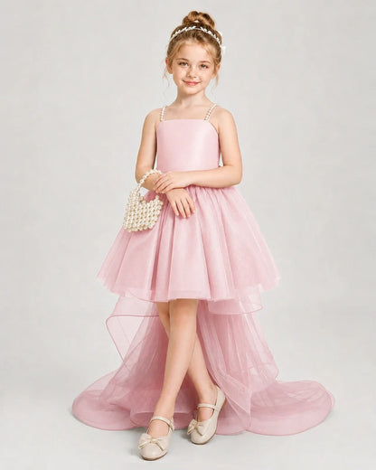 Dideyttawl Pearl Strap High-Low Tulle Girl Pageant Dress
