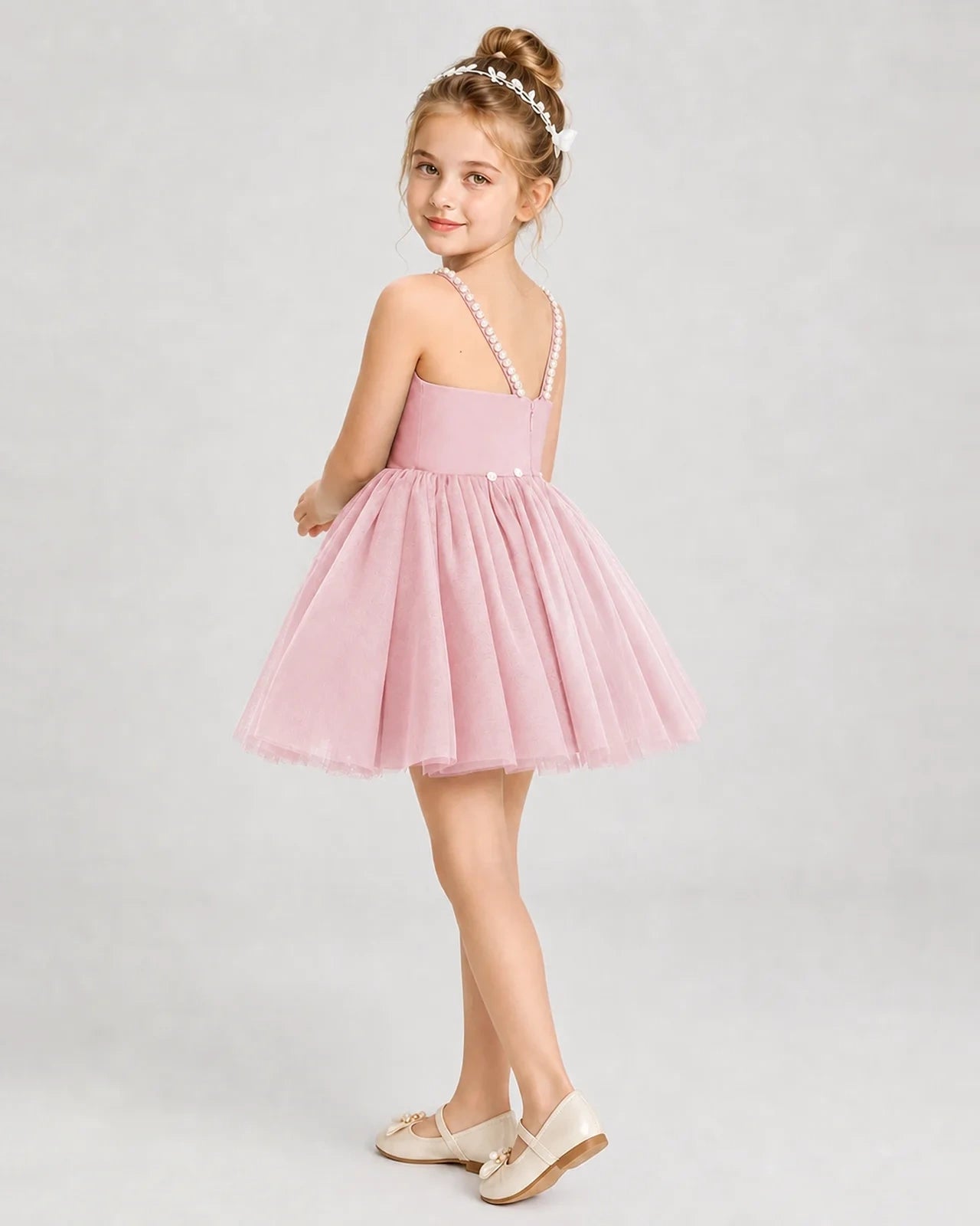 Dideyttawl Pearl Strap High-Low Tulle Girl Pageant Dress