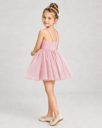 Dideyttawl Pearl Strap High-Low Tulle Girl Pageant Dress