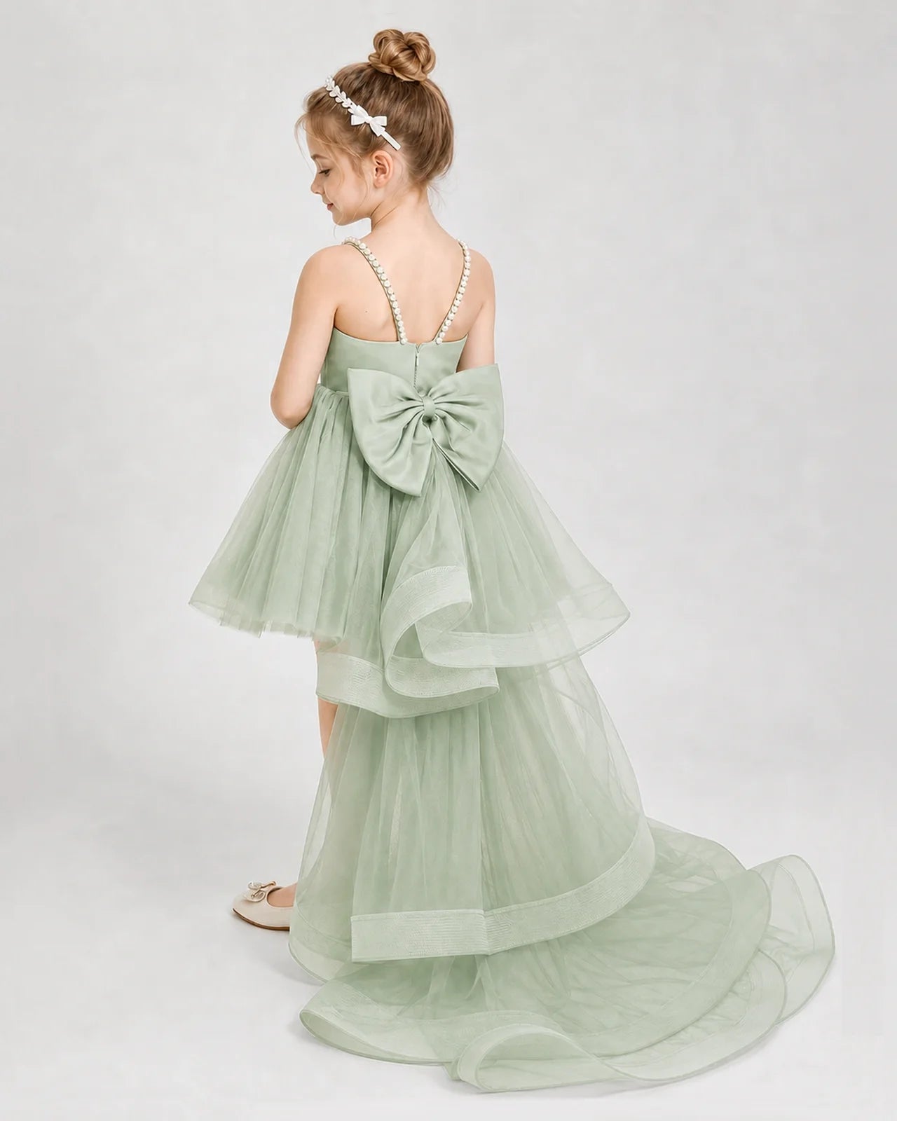 Dideyttawl Pearl Strap High-Low Tulle Girl Pageant Dress