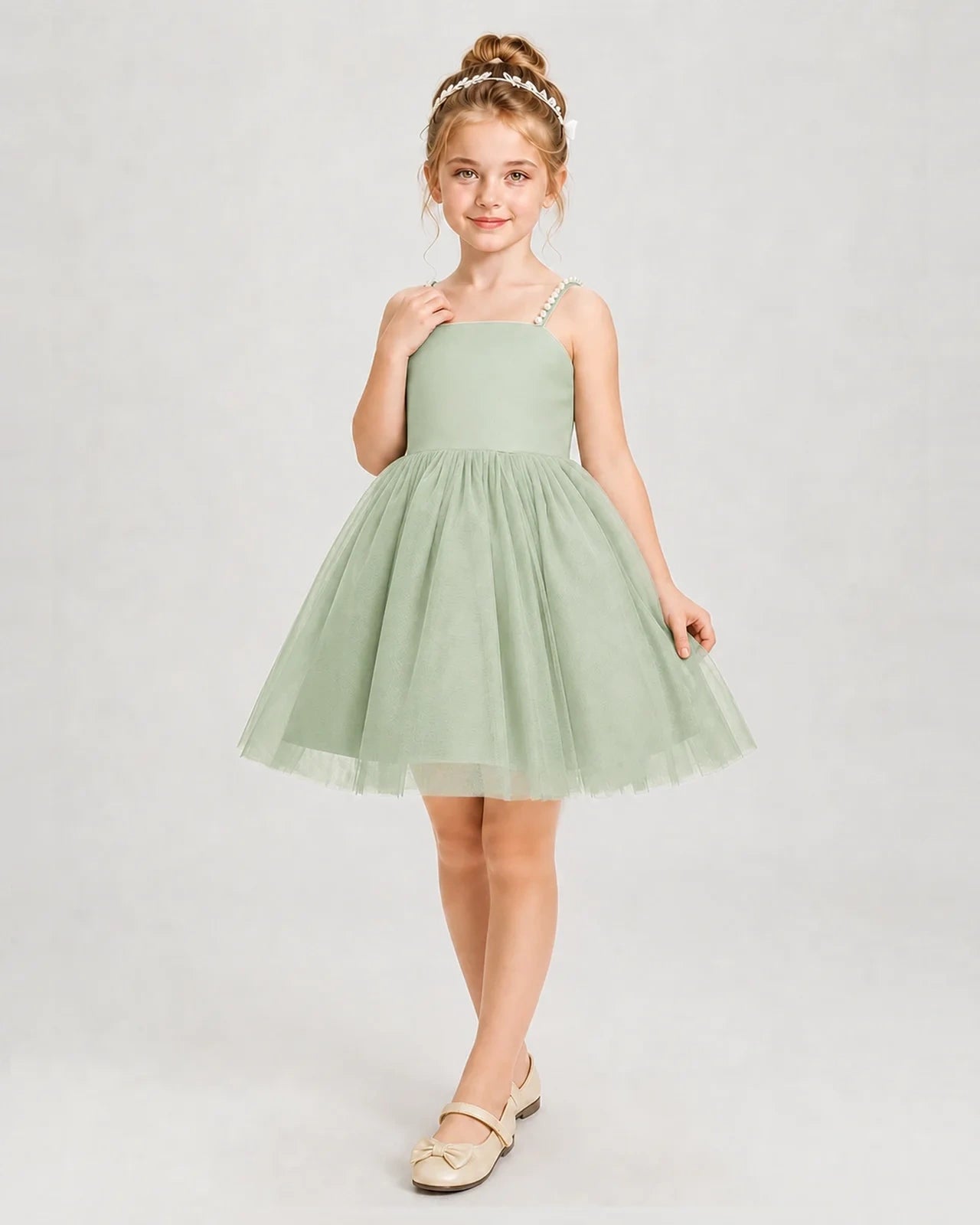 Dideyttawl Pearl Strap High-Low Tulle Girl Pageant Dress