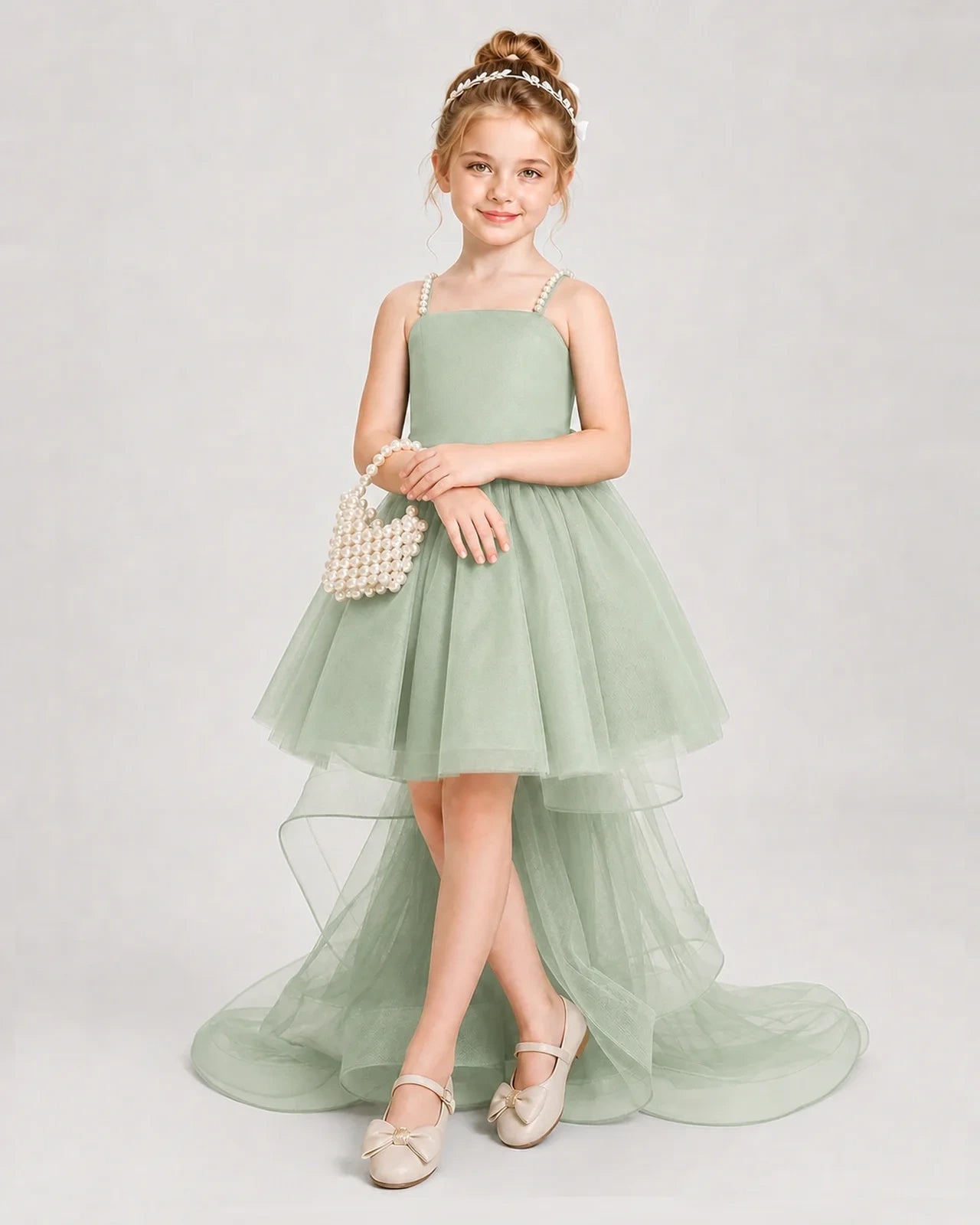 Dideyttawl Pearl Strap High-Low Tulle Girl Pageant Dress