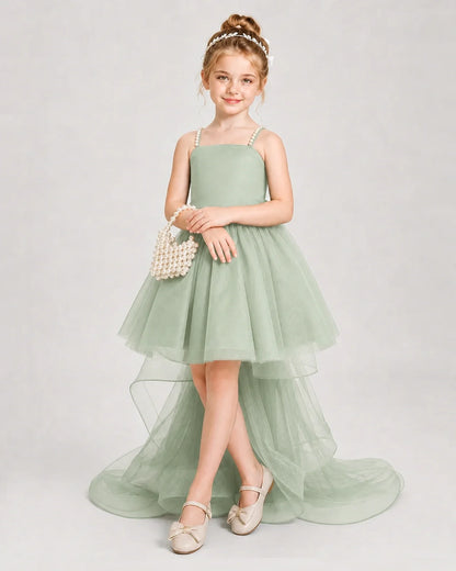 Dideyttawl Pearl Strap High-Low Tulle Girl Pageant Dress
