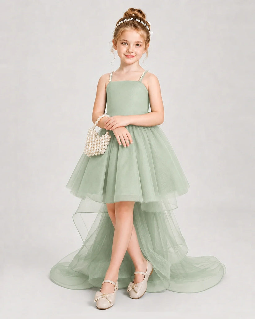 Sage Green Tulle High-Low Girls Pageant Dresses