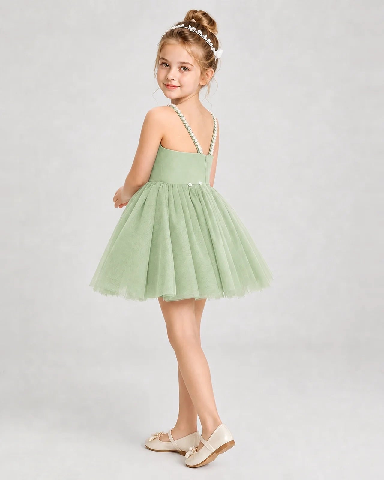 Dideyttawl Pearl Strap High-Low Tulle Girl Pageant Dress