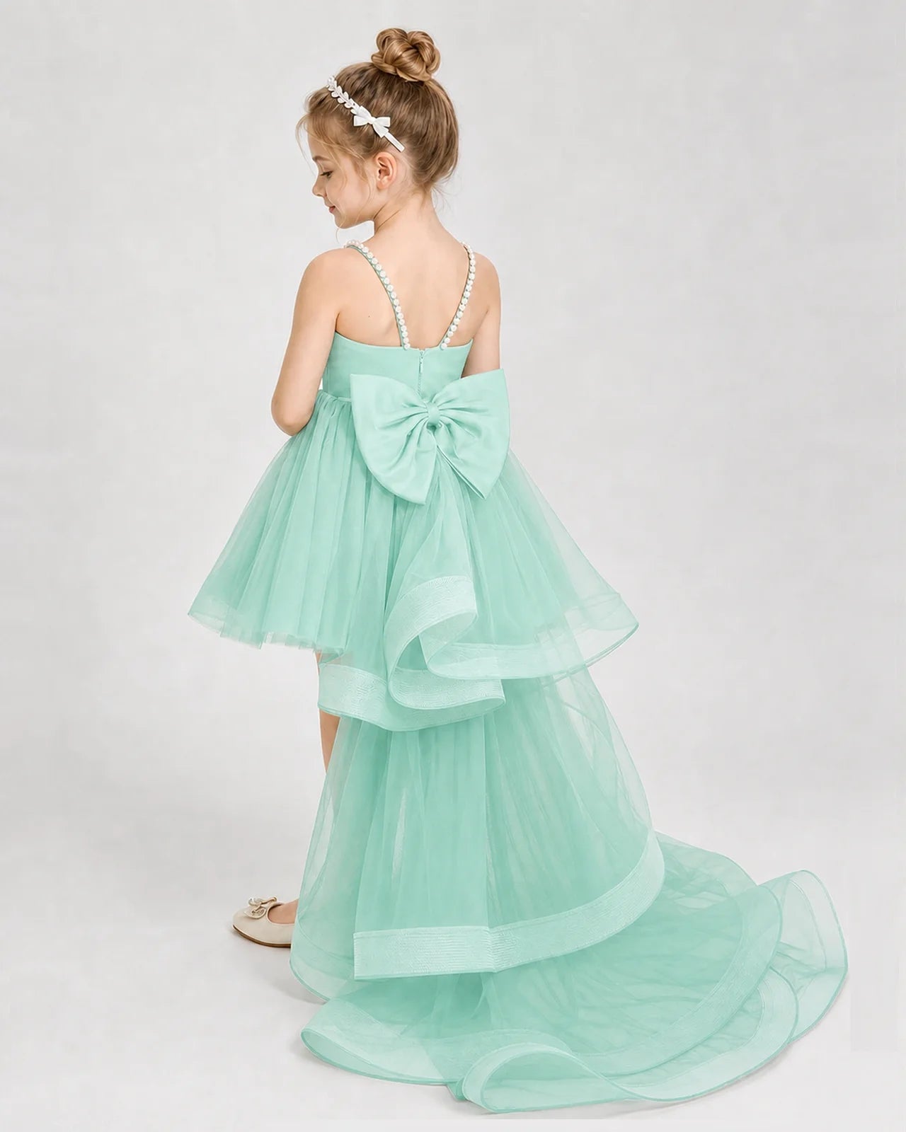 Dideyttawl Pearl Strap High-Low Tulle Girl Pageant Dress