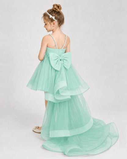 Dideyttawl Pearl Strap High-Low Tulle Girl Pageant Dress