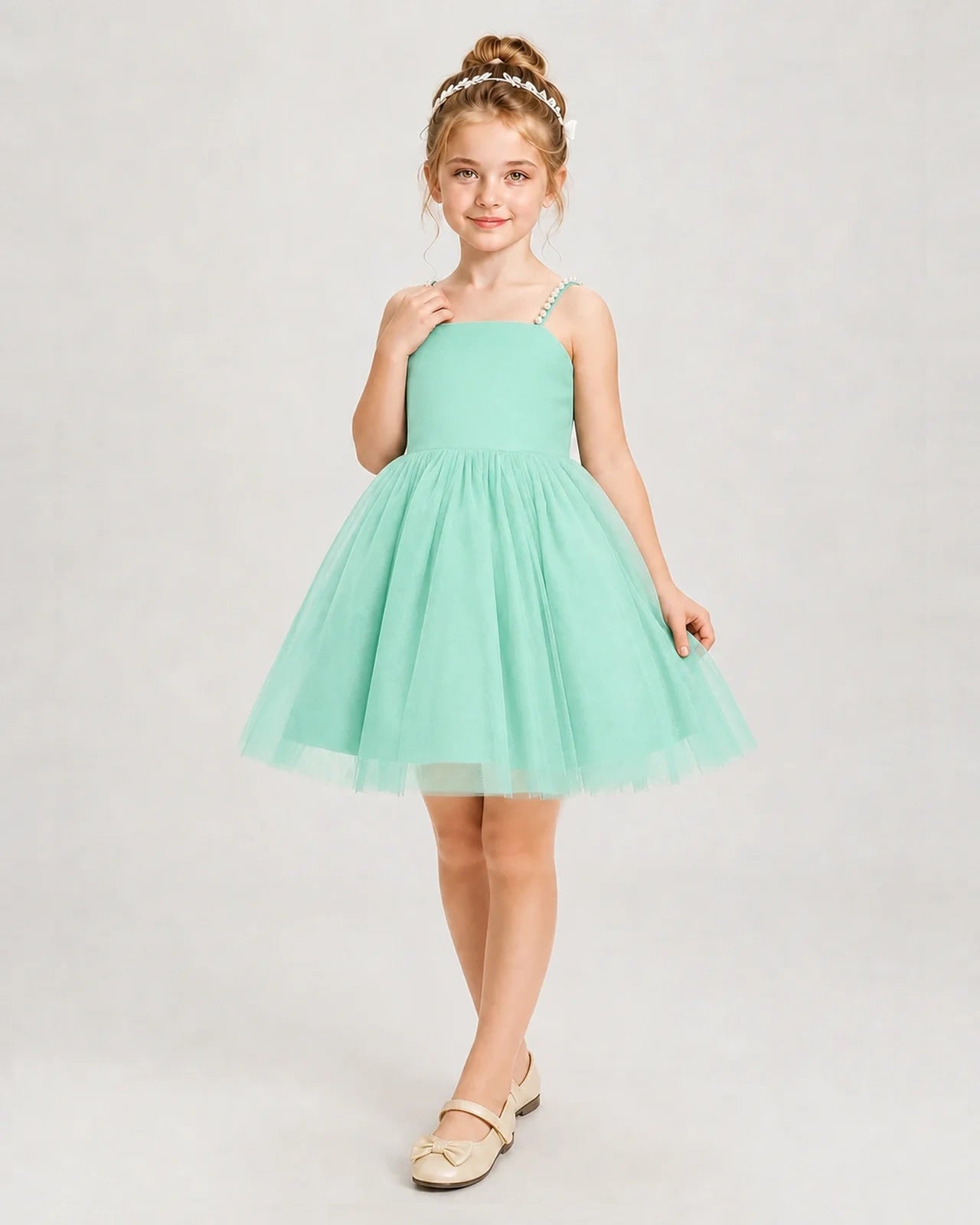 Dideyttawl Pearl Strap High-Low Tulle Girl Pageant Dress