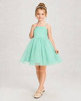 Turquoise Satin Tulle A-Line Girls Pageant Dresses Front View