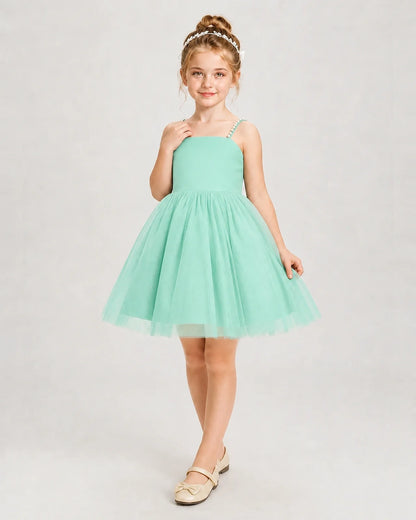 Dideyttawl Pearl Strap High-Low Tulle Girl Pageant Dress