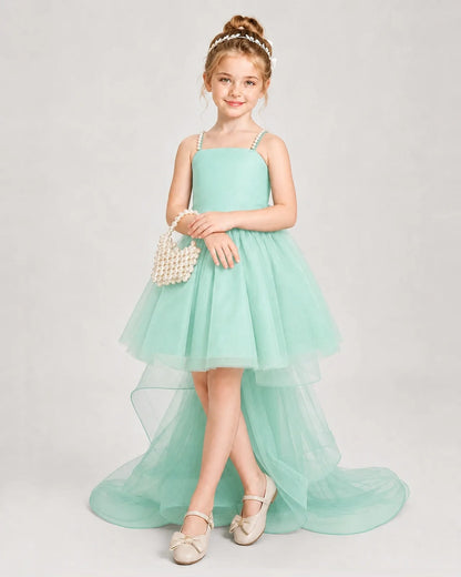 Dideyttawl Pearl Strap High-Low Tulle Girl Pageant Dress