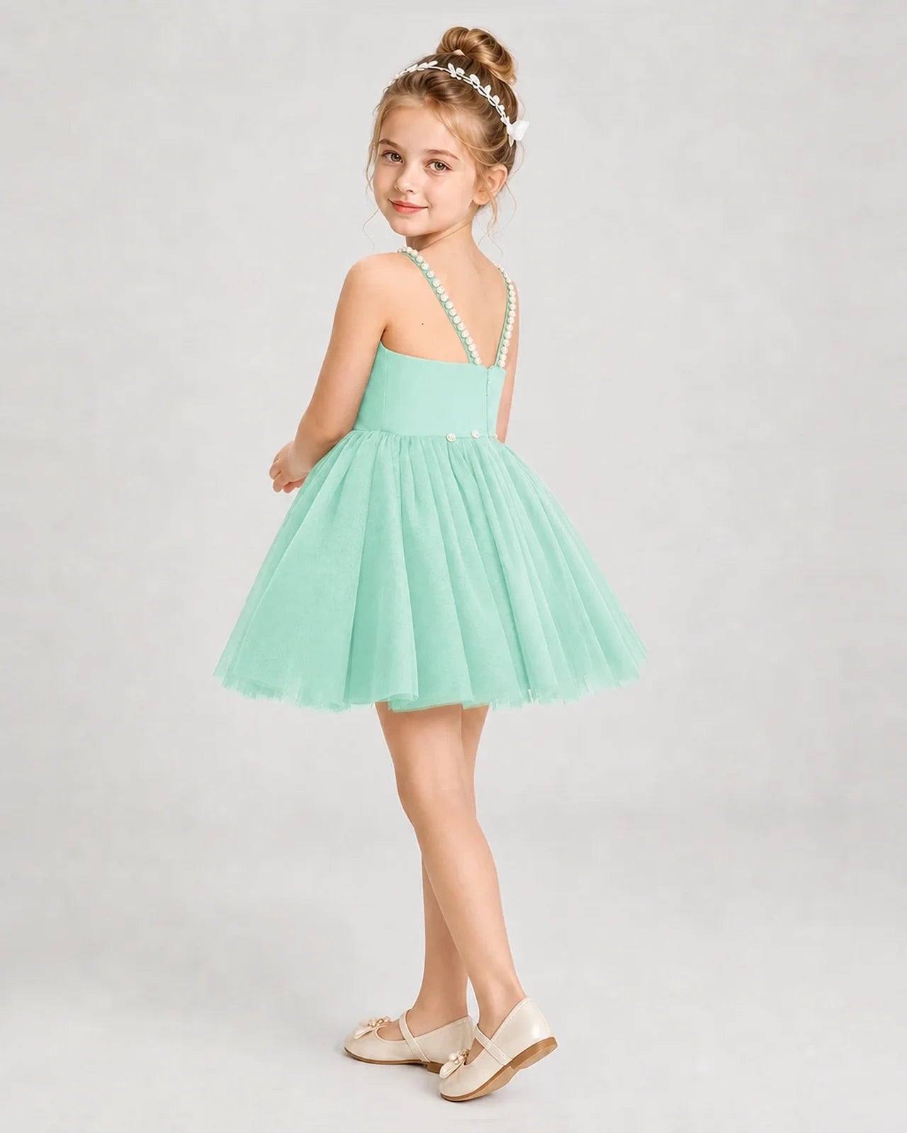 Dideyttawl Pearl Strap High-Low Tulle Girl Pageant Dress