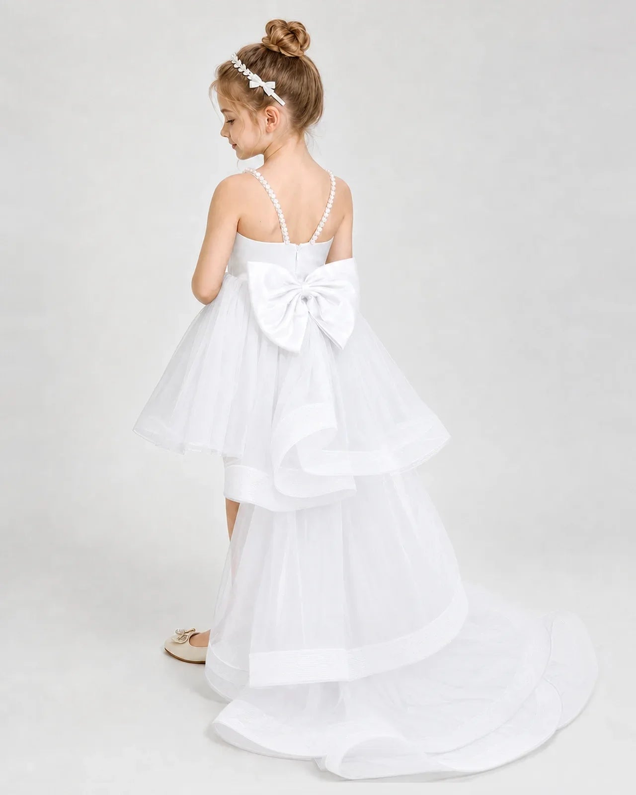 Dideyttawl Pearl Strap High-Low Tulle Girl Pageant Dress