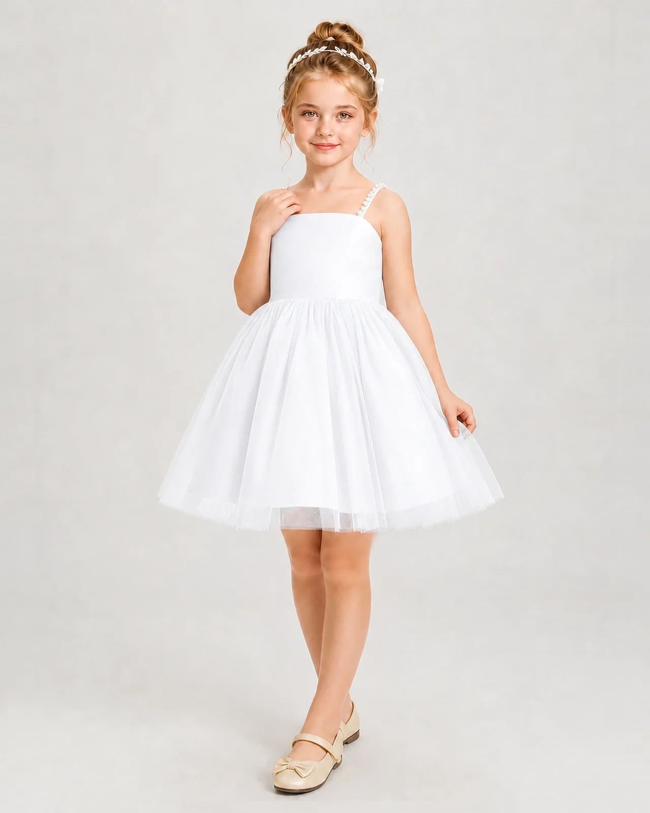 Dideyttawl Pearl Strap High-Low Tulle Girl Pageant Dress