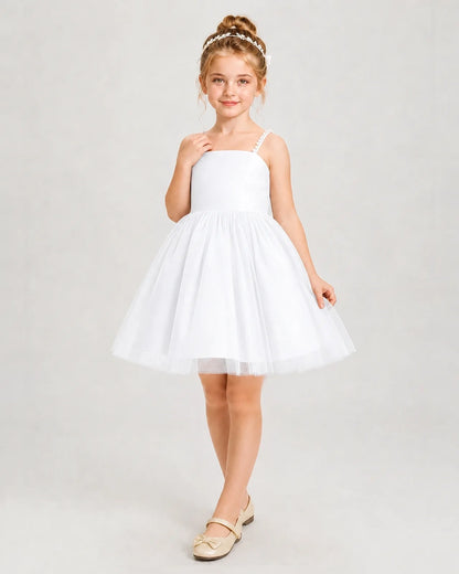 Dideyttawl Pearl Strap High-Low Tulle Girl Pageant Dress