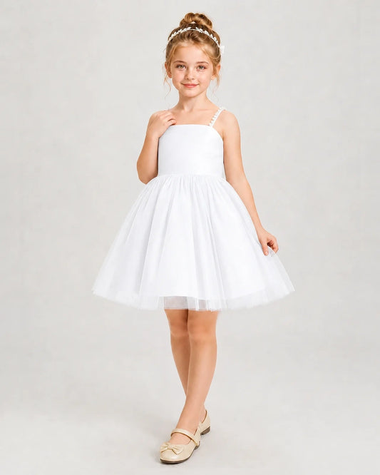 White Satin and Tulle A-Line Girls Pageant Dresses Front View