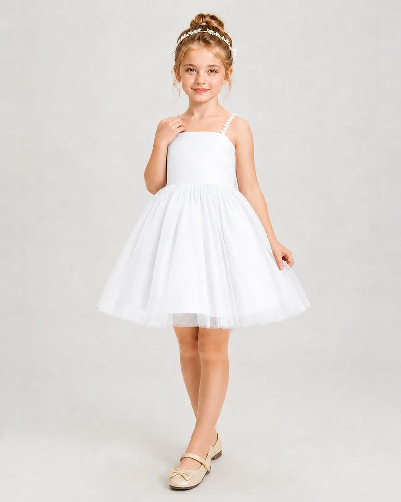 White Satin and Tulle A-Line Girls Pageant Dresses Front View