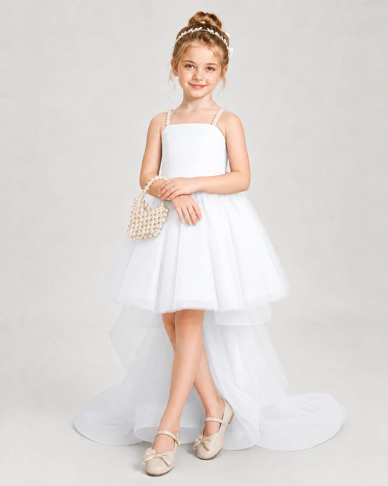 Dideyttawl Pearl Strap High-Low Tulle Girl Pageant Dress