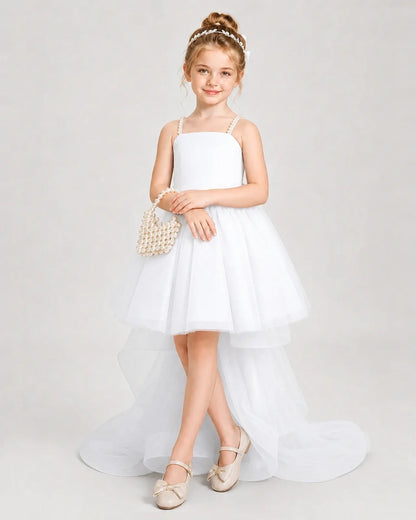 Dideyttawl Pearl Strap High-Low Tulle Girl Pageant Dress