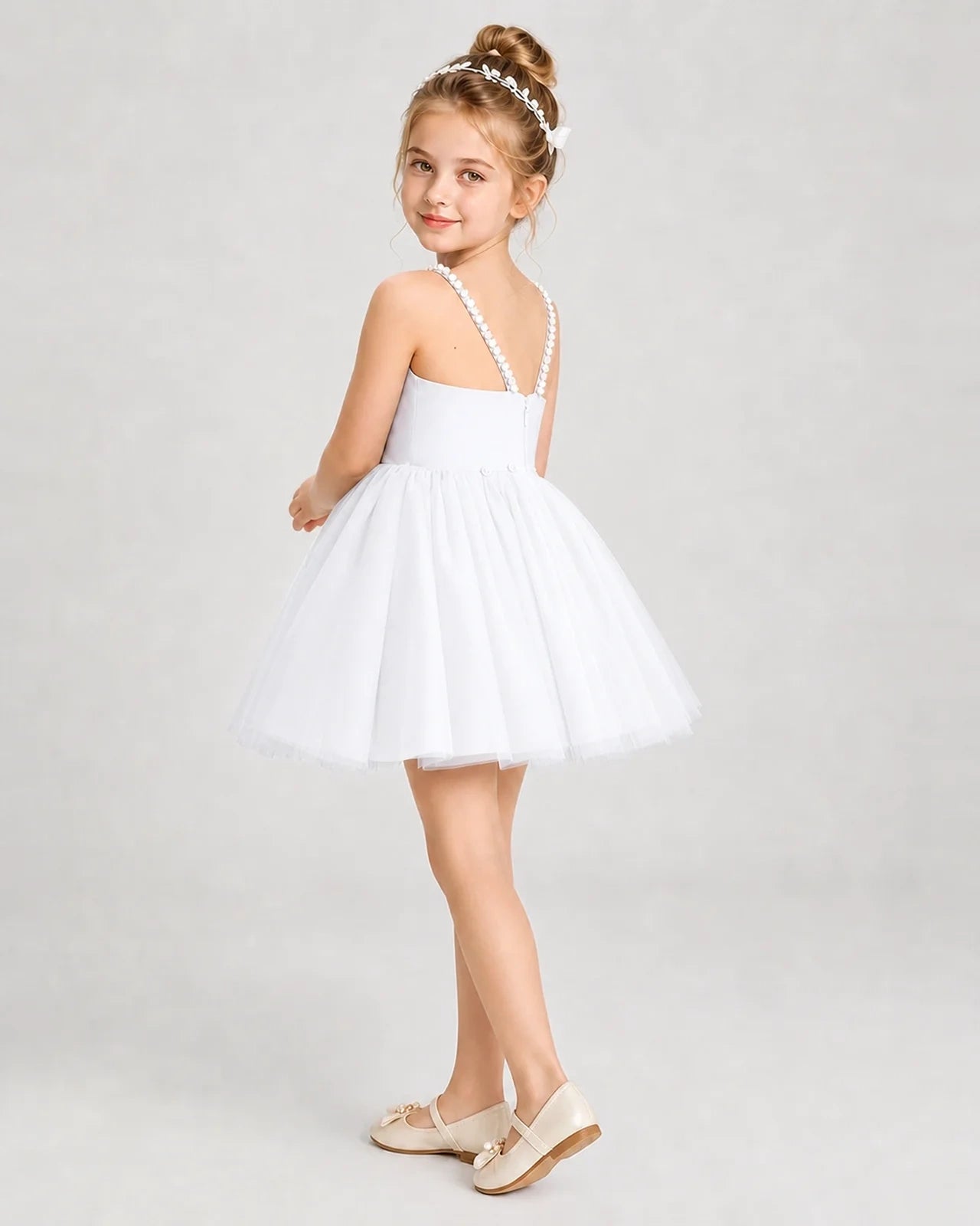 Dideyttawl Pearl Strap High-Low Tulle Girl Pageant Dress