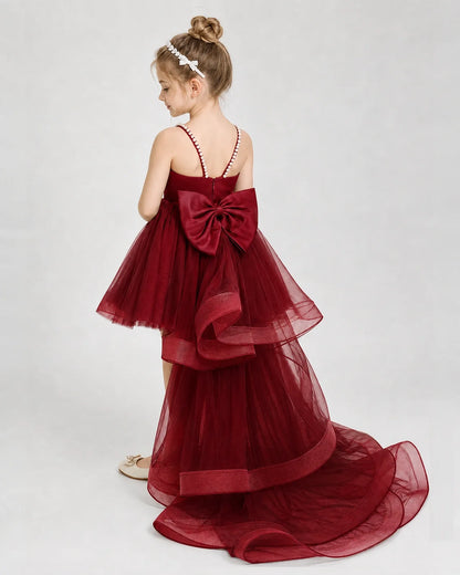 Dideyttawl Pearl Strap High-Low Tulle Girl Pageant Dress