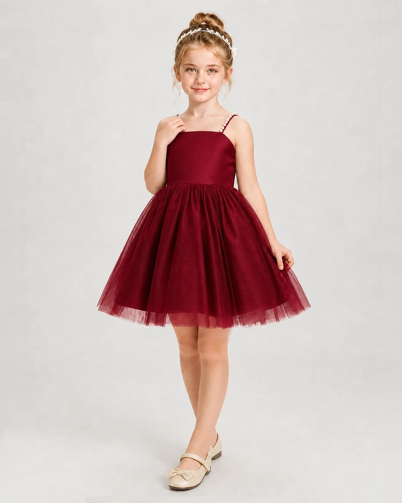 Dideyttawl Pearl Strap High-Low Tulle Girl Pageant Dress