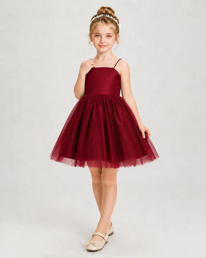 Dideyttawl Pearl Strap High-Low Tulle Girl Pageant Dress