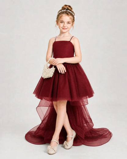 Dideyttawl Pearl Strap High-Low Tulle Girl Pageant Dress