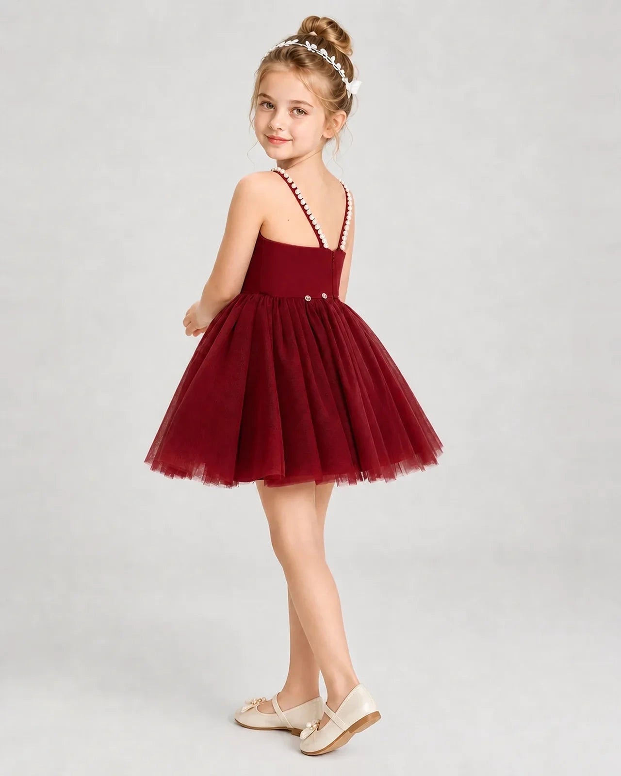 Dideyttawl Pearl Strap High-Low Tulle Girl Pageant Dress