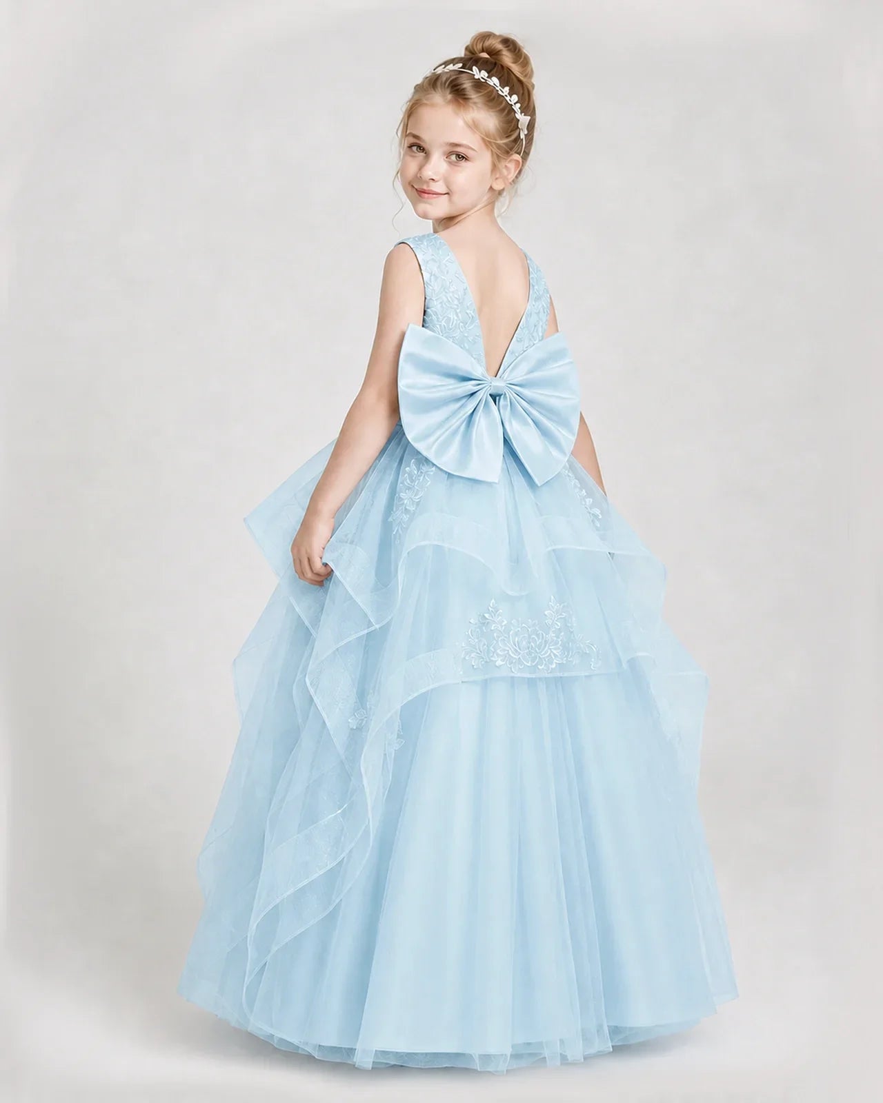 Dideyttawl Embroidered Tiered Tulle Girl Pageant Dress with Bow