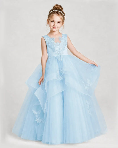 Dideyttawl Embroidered Tiered Tulle Girl Pageant Dress with Bow