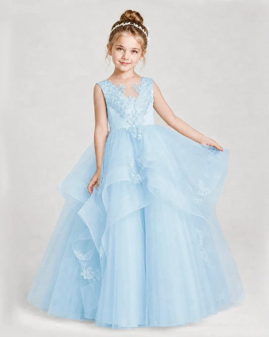 Baby Blue Satin Tulle A-Line Girls Pageant Dresses Front View