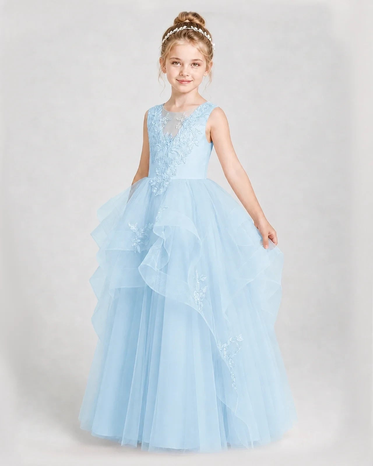 Dideyttawl Embroidered Tiered Tulle Girl Pageant Dress with Bow