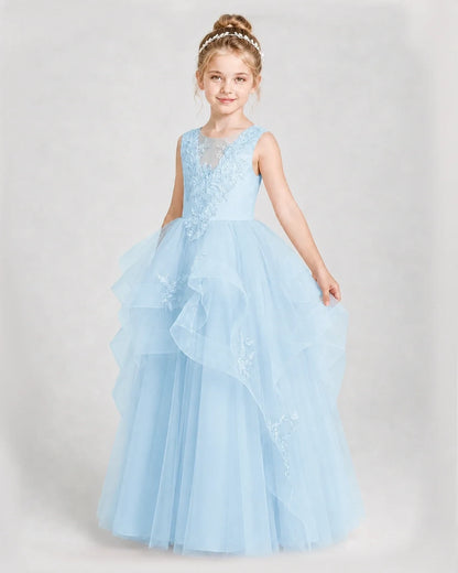 Dideyttawl Embroidered Tiered Tulle Girl Pageant Dress with Bow