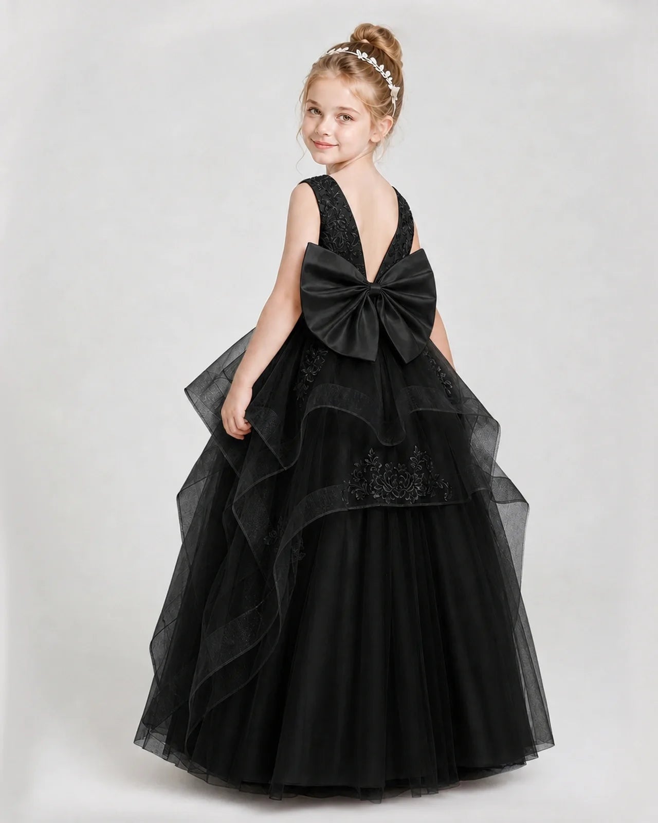 Dideyttawl Embroidered Tiered Tulle Girl Pageant Dress with Bow