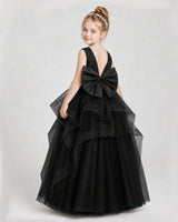 Black satin and tulle A-line gown Girls Pageant Dresses Back View