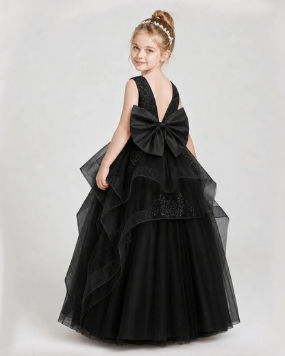 Dideyttawl Embroidered Tiered Tulle Girl Pageant Dress with Bow